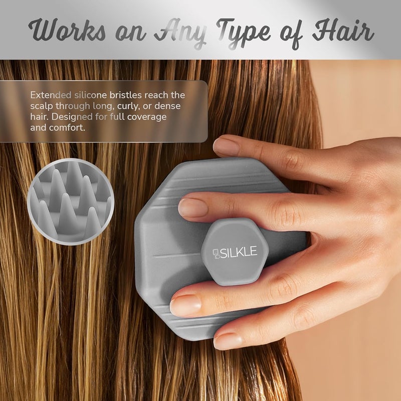 SILKLE Scalp Massager Shampoo Brush – Silicone Scalp Scrubber for Hair Growth & Dandruff Removal, One-Piece, Non-Slip Handle, Soft Bristles, Wet/Dry Shower Scalp Exfoliator for All Hair Types – Gray - Image 3